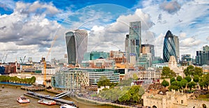 London modern skyline along river Thames on a beautiful sunny day