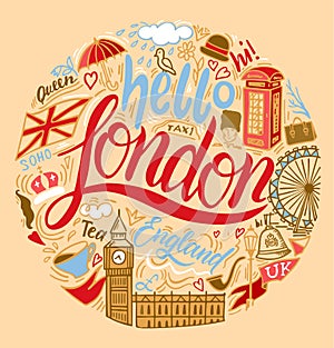 London. Modern vector illustration with famous english symbols and attractions in a circle composition for travel card