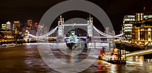 London Night Scape of Tower Bridge and HMS Belfast