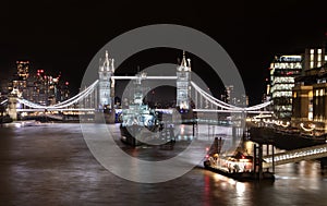 London Night Scape of Tower Bridge and HMS Belfast