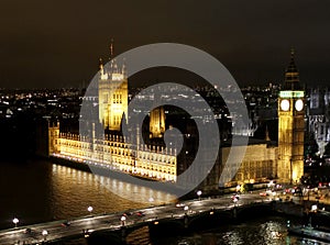 London night scene, Big Ben and Westminster Abbey