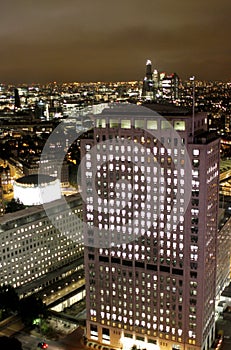 London night scene, Canary Wharf office buildings photo
