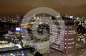 London night scene, Canary Wharf office buildings