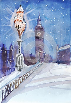 London night street view painting, streetlamp and Big Ben