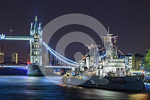 London At Night, Tower Bridge and HMS Belfast Ship at Night, Lon