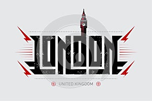 London - original print for t-shirt with lettering and Big Ben tower, landmark of United Kingdom