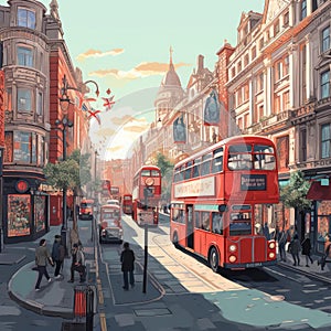 A London painting of double decker buses on a city street
