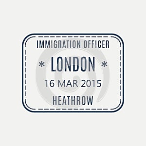 London passport stamp. UK airport visa stamp or immigration sign. Custom control cachet. Vector illustration.