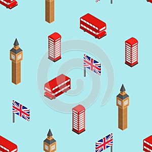 London pattern seamless. United Kingdom background. Landmark of London set icon. Red doubledecker and phone booth. UK flag and Big