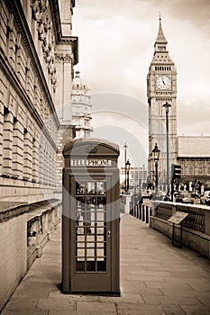 London phone box and Big Ben, sepia