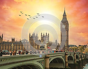 London - a picture of Westminster bridge, the house of parliament and big ben