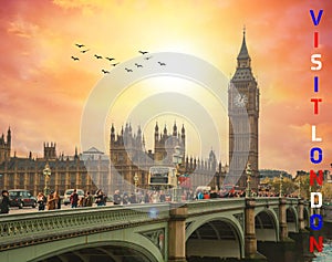 London - a picture of Westminster bridge, the house of parliament and big ben