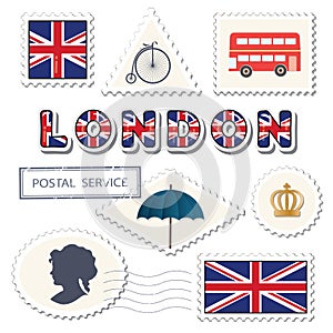 London postage set. Decorative british stamps. Great Britain UK national flag. Bright stickers for tourism or package