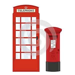 London Postal red street mailbox and telephone booth, cartoon style, isolated vector illustration