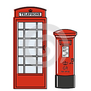 London Postal red street mailbox and telephone booth, cartoon style, isolated vector illustration