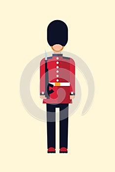 London Queens guard Vector flat illustration of a British soldier in uniform with a gun. Guid Icon isolated on light