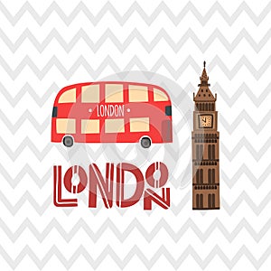 London red bus and Big Ben on the zig zag pattern background