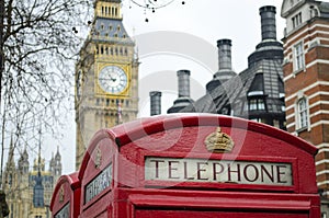 London Red telephone box with Big Ben in background