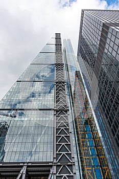 London, reflection of clouds in the windows of modern buildings