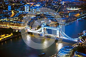 London and river Thames and Tower bridge at night. UK
