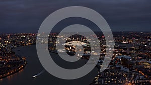 London Riverside Skyline Aerial Night View feat. River Thames and The O2 Arena