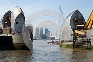 London's Thames Barrier and city of London.