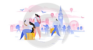 London sightseeing holiday flat vector illustration girlfriends tourist with backpacks