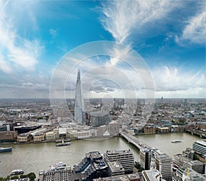 London skyline along river Thames, aerial view