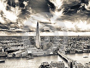 London skyline along river Thames, aerial view