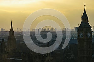 London skyline in 2007 at dusk with smog mist at sunset, evening