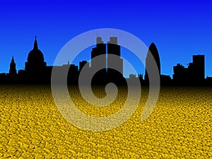 London skyline with golden coins foreground illustration