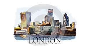London skyline hand drawn colored with Modern Buildings isolated on white