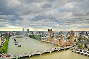 London Skyline landscape with Big Ben, Palace of Westminster, London Eye, Westminster Bridge, River Thames, London, England, UK