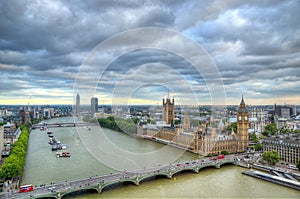 London Skyline landscape with Big Ben, Palace of Westminster, London Eye, Westminster Bridge, River Thames, London, England, UK