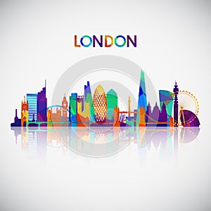 London skyline silhouette in colorful geometric style.