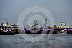 London skyline at sunset from river Thames photo