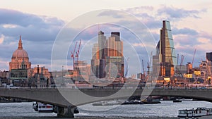 London skyline at sunset with The Shard, St Pauls, Southwark, London