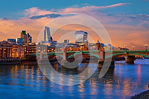 London skyline sunset Southwark bridge UK