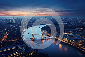 London skyline with Tower Bridge at dusk, England, United Kingdom, Panoramic view on London and Thames at twilight, from Tower