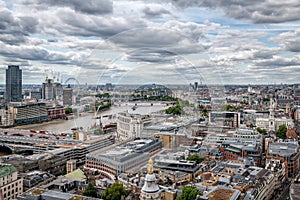 London skyline with a view the Thames looking down river to the Tate modern Parliament and the London eye