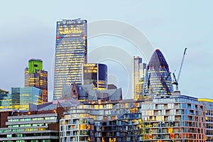 London skyscrapers at night, Britain, UK