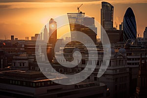 London skyscrapers at sunset. London, aerial view. Banking district in city center of United Kingdom, England, UK.