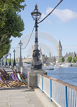 London Southbank looking towards Big Ben across the Thames.