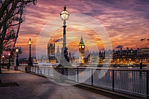 The London Southbank riverside of the Thames with view to the Big Ben clocktower photo