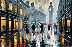 London Street Bathed in Rain - Umbrellas Dotting the Scene, Abstract Expressionism Blend of Vibrant Colors