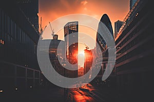 London streets at sunset. Road traffic in London. Banking district in city center of United Kingdom.