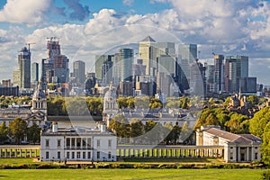 London at Sunset Light, England,  Skyline View Of Greenwich College and Canary Wharf At Golden Hour Sunset With Blue Sky And