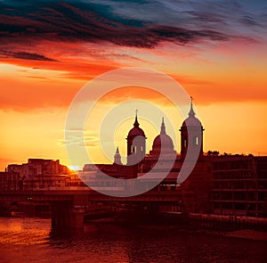 London sunset at Thames with St Paul Pauls