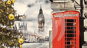 London symbols, BIG BEN with Christmas tree and red Phone Booths in England, UK