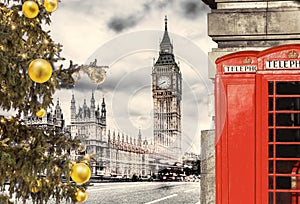 London symbols, BIG BEN with Christmas tree and red Phone Booths in England, UK